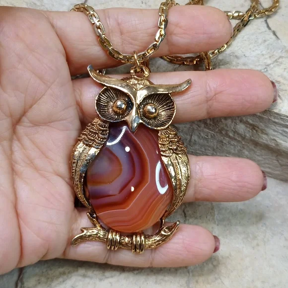 Vintage Owl Brown Banded Agate Pendant Necklace Gold Plated Chain - Picture 5 of 8